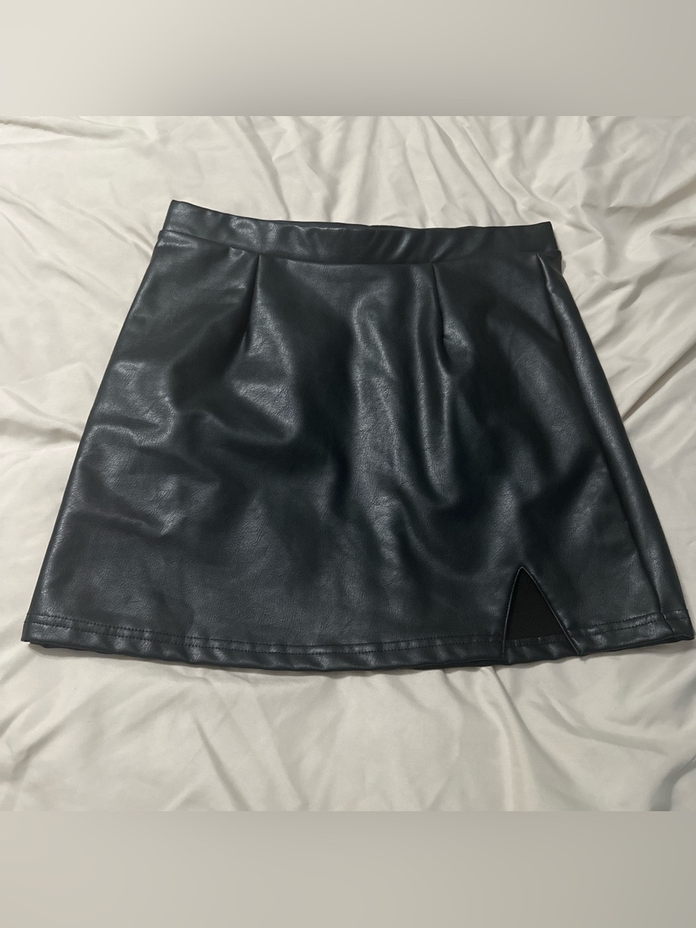 Faux Leather Black Mini Skirt with Front Notch